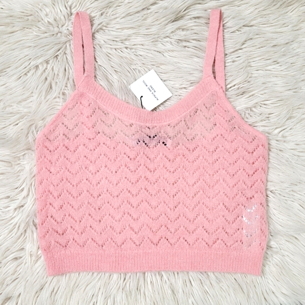 New Zara Alpaca Wool Blend Pink Knit Crop Cami Tank Top Size Large